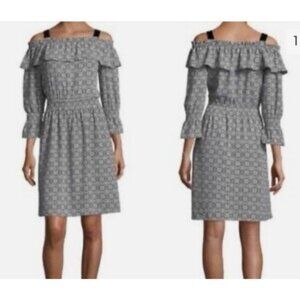 Michael Kors Dress Black White L Large Off Shoulder Long Sleeve Ruffle